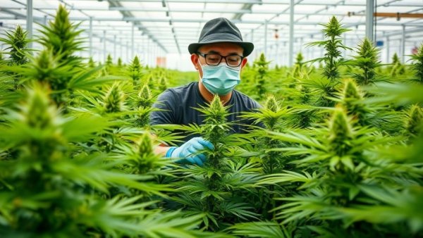 Worker inspects cannabis plants in greenhouse for Texas Compassionate Use Program expansion.