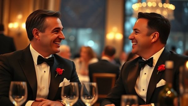 Elegant formal dining event with two men discussing U.S. foreign relations.