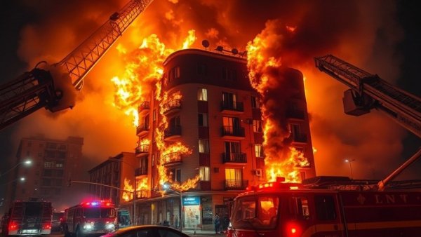 Apartment fire in Austin, intense flames and firefighting effort.
