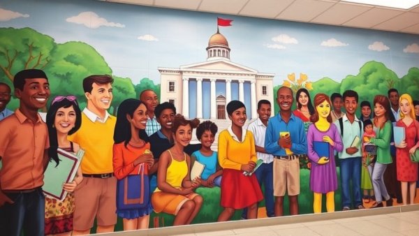 Colorful mural depicting community support for at-risk youth therapy.
