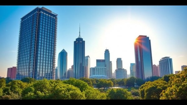 Houston skyline and green park highlights Harris County migration trends.