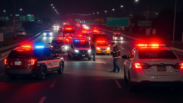Emergency vehicles at Highway 290 crash scene at night.