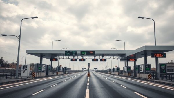 Empty toll booths on a Houston highway under cloudy skies, highlighting infrastructure.