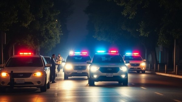 Houston vehicle crashes scene with police cars and flashing lights at night.