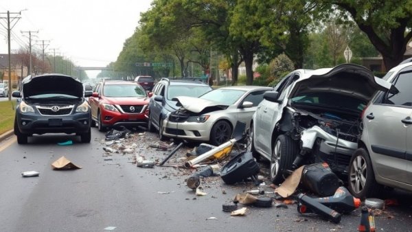 Houston road crash aftermath with multiple damaged vehicles.