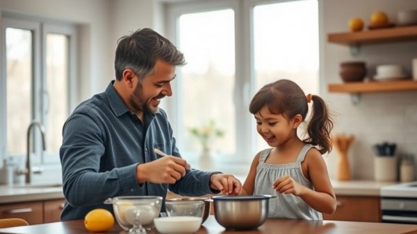Father and daughter in a Texas kitchen, illustrating stay-at-home parent income.