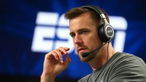 Focused male with headset contemplating CFP Selections, ESPN backdrop.