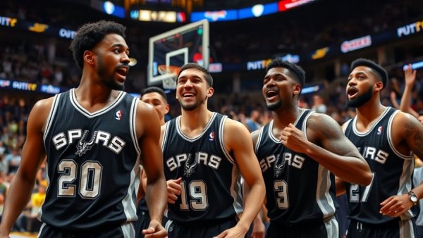 Spurs Bench Reactions during a lively game moment.