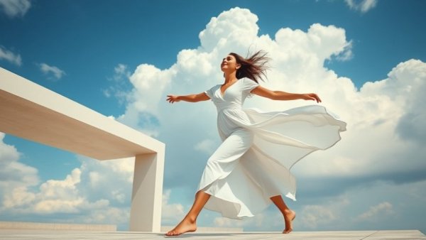 Dynamic young woman near minimalist structure under a cloudy sky with Pantone 2026 Color of the Year.