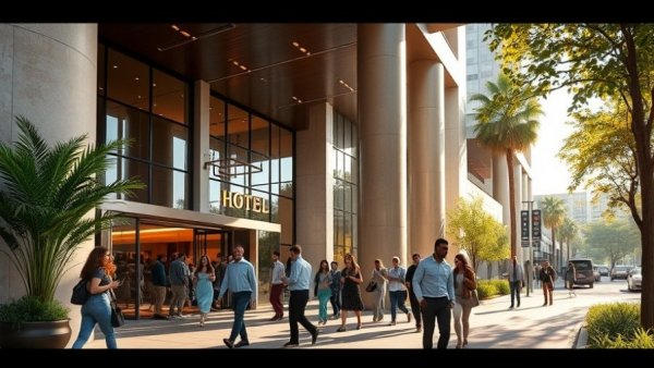 Austin lifestyle hotel entrance bustling with people on a sunny day