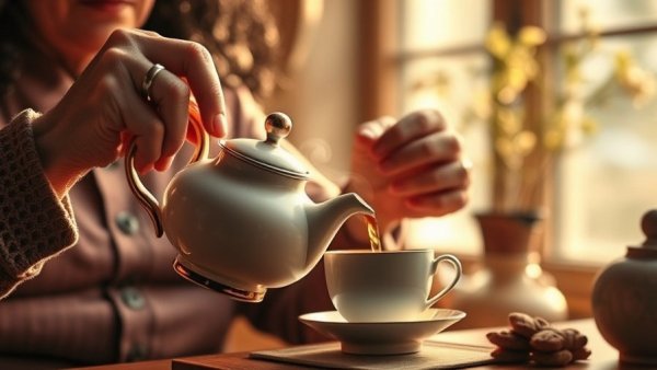 Warm scene of tea pouring, emphasizing presence over presents.