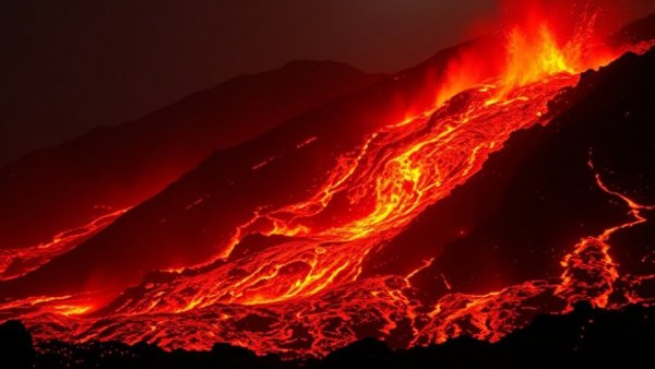 Dramatic volcanic eruption with flowing lava, showcasing volcanic trigger behind the Black Death.