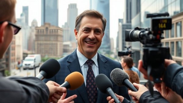 Middle-aged businessman interviewed by media in Dallas cityscape.