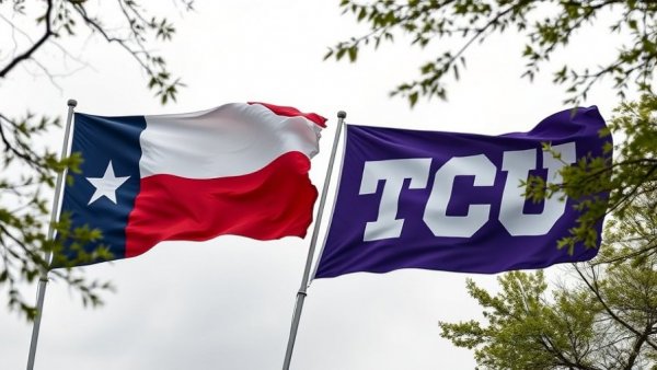 Texas and TCU flags waving in the breeze under a cloudy sky.