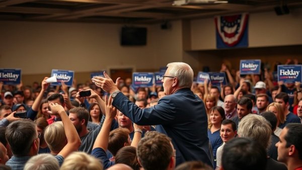 Dynamic Texas elections 2025 rally scene indoors with audience.