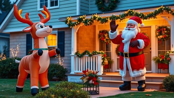 Giant Santa and reindeer holiday decor in festive setting
