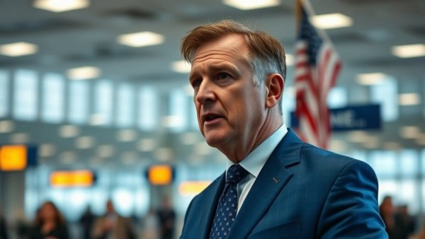 Middle-aged man speaking at airport to Make Travel Family Friendly Again.