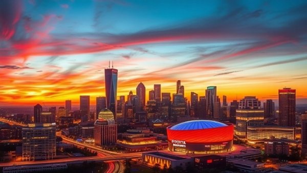 Aerial view of Houston skyline with Toyota Center at twilight.