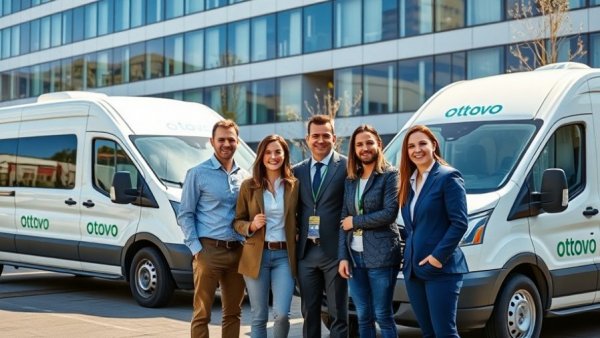 Team celebrating John Berger Otovo USA merger outside with vans