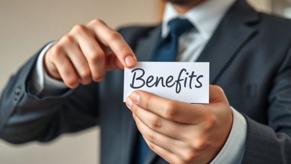 Professional in suit pointing at 'Benefits' card, symbolizing Houston employee benefits strategies 2026.