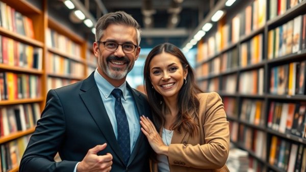 Professional portrait of man in suit and woman in bookstore, photorealistic.