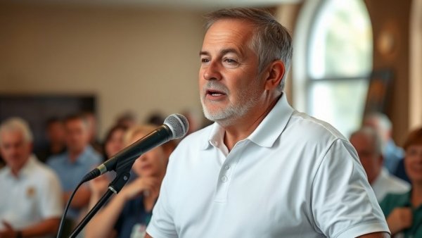 Speaker at Tarrant County judge elections, man in white shirt at microphone.