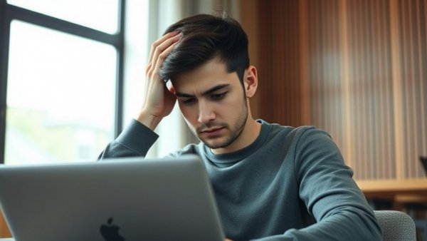 Australian individual experiencing migraine while using a laptop indoors.