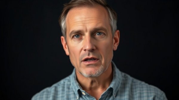 Man discussing skin and gut health, neutral background.