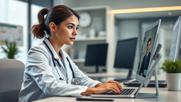 Female doctor in virtual consultation promoting health and wellness.
