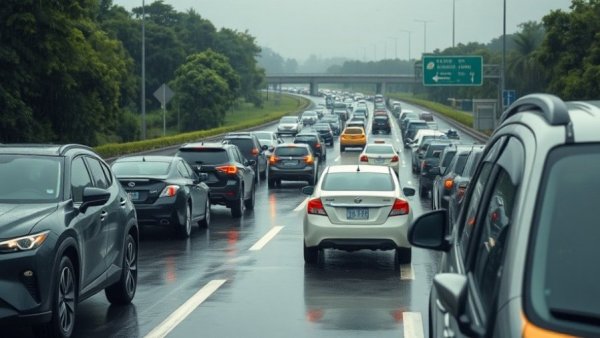 Traffic congestion during Austin road rage incident on a rainy highway.