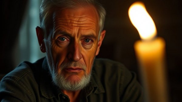 Older man contemplating mental health, illuminated by candlelight, healthy aging and mental health theme.