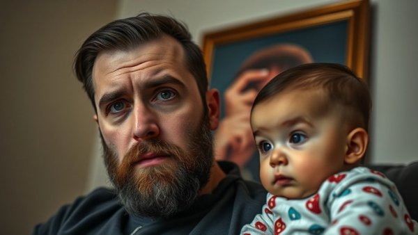 Pensive adult near colorful baby portrait in San Antonio daycare context.