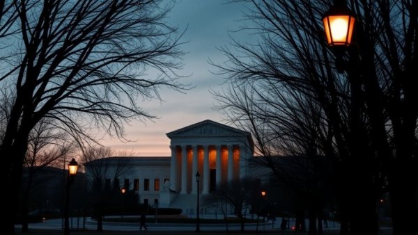 Supreme Court building at twilight framed by leafless trees.