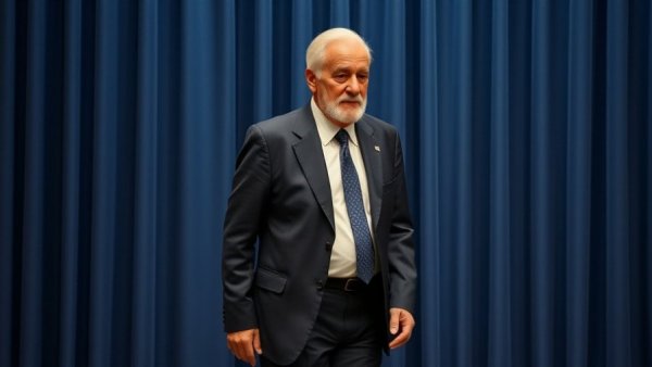 Elderly man in a suit walking with purpose, blue curtain backdrop.
