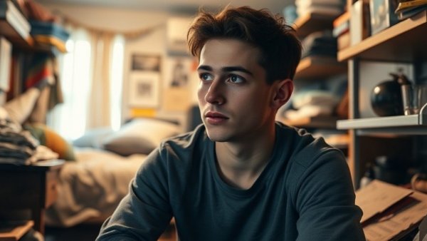Young man in a cluttered room reflecting the housing crisis in Los Angeles.