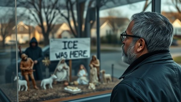 Anti-ICE nativity scene observed by man in reflective setting.