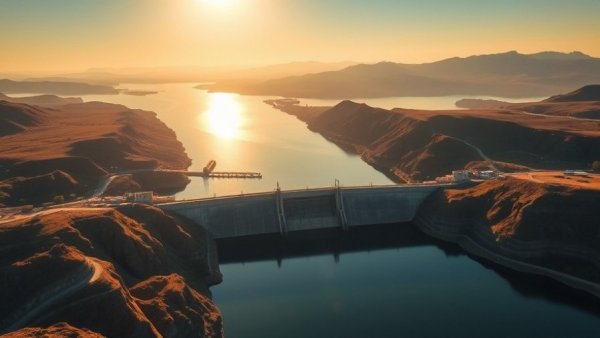 Scenic aerial view of a dam and lake under golden light.