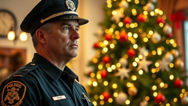 Police officer engaged in community input at festive San Marcos event.