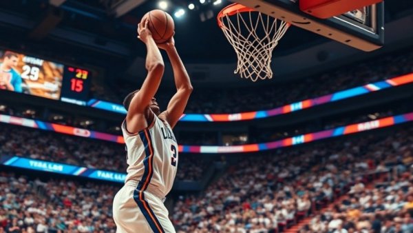 Unforgettable NBA Plays Highlighted Every Night with dynamic layup in bustling arena.