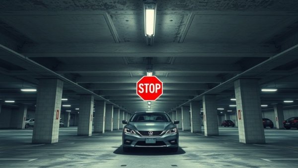 Public parking garage stop sign view, highlighting potential hazards of distracted driving during the holidays.