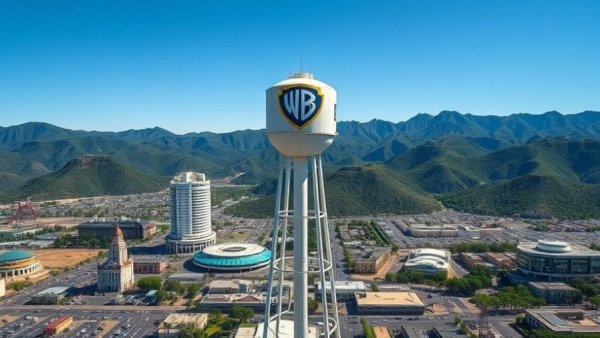 Warner Bros water tower amid Paramount Skydance bid backdrop.