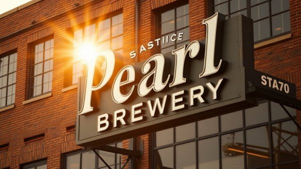 Pearl Brewery sign in San Antonio during sunset.
