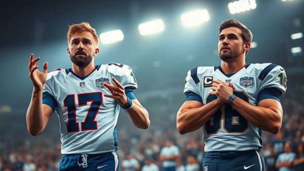 Chargers defeat Eagles in overtime; football players with intense expressions