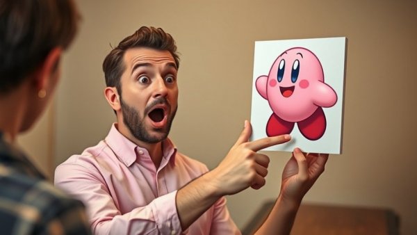 Do you know ball? Man surprised by Kirby image indoors.