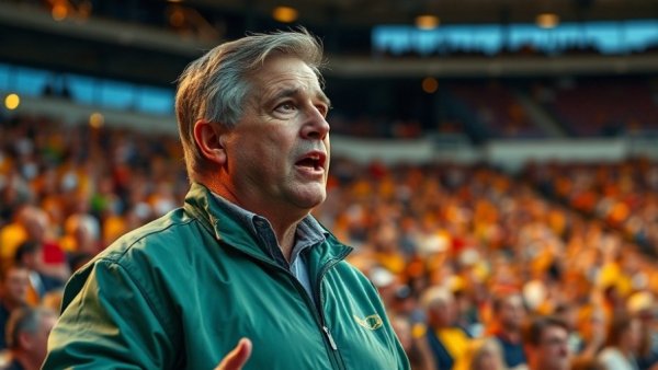 Coach O animatedly speaking at Tulane stadium, vibrant atmosphere.