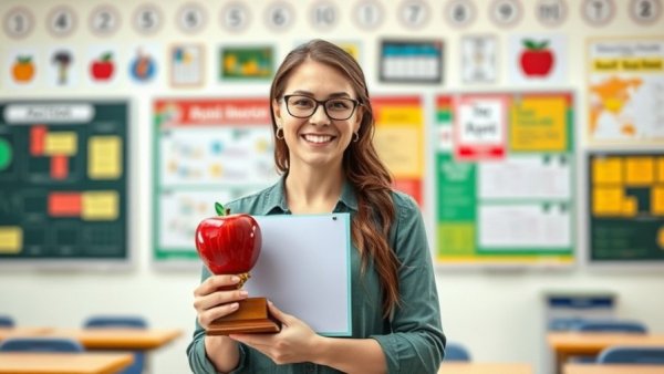 San Antonio Educator of the Month award presented to a smiling woman holding a trophy in a classroom.