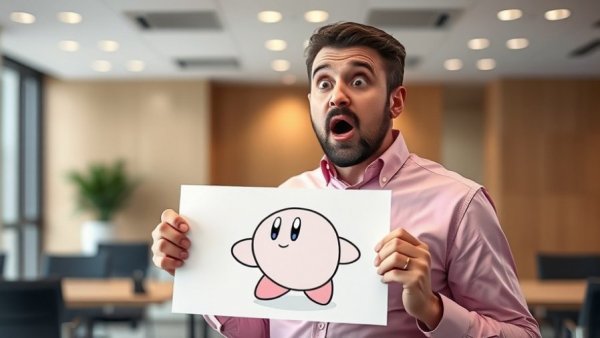 Do you know ball? Surprised man with Kirby drawing indoors.