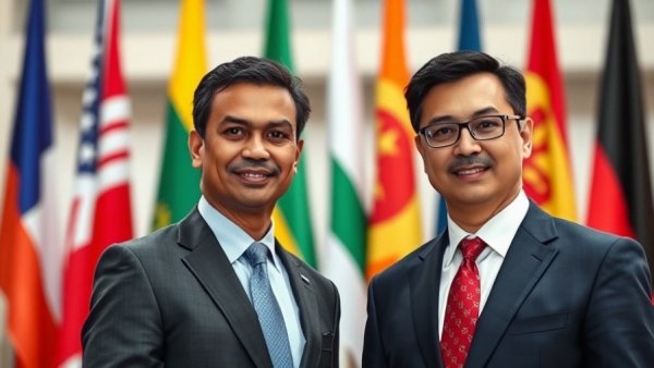 Diplomatic meeting with flags backdrop, U.S. foreign relations context.