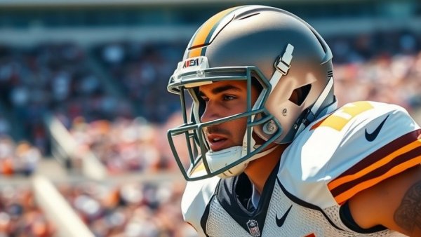 Intense football player in action during a game with a reflective helmet.