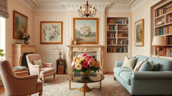 2026 TRIBEZA Interiors Tour living room with pastel decor and fireplace.